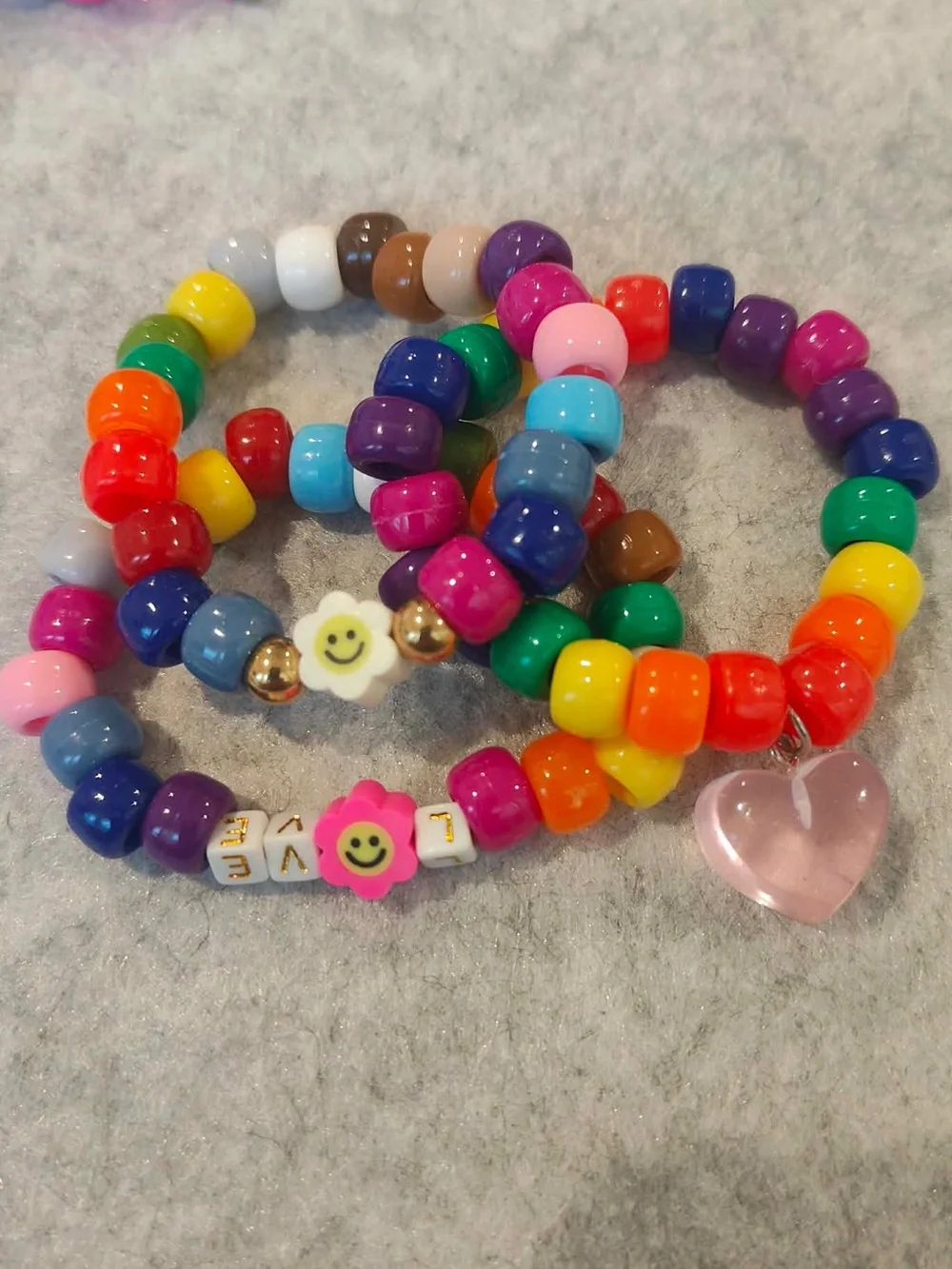 Kids Multicolor Beaded Stretch Bracelet Set with Pink Heart Charm